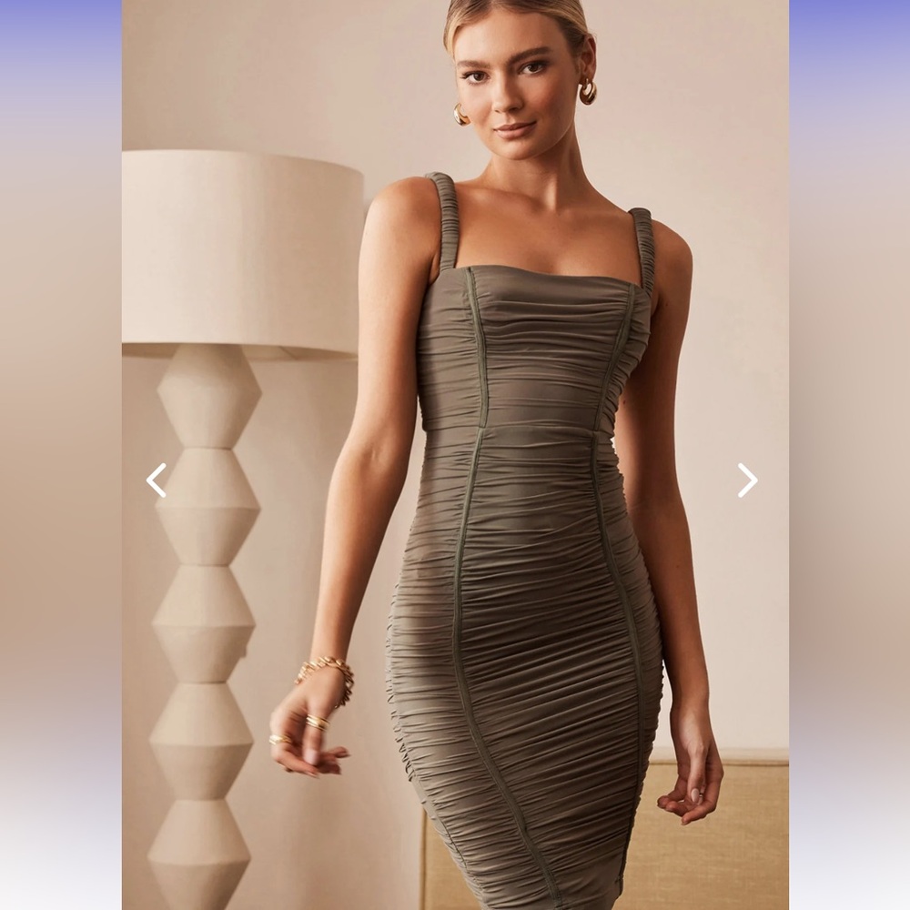 Selfie Leslie square neckline, ruched body on dress in olive